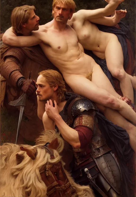 Image similar to attractive handsome fully clothed jaime lannister confesses his love for attractive fully armored brienne of tarth. centered composition. highly detailed painting by gaston bussiere and j. c. leyendecker and william adolphe bouguereau and fra angelico and octane render, musee d'orsay 8 k