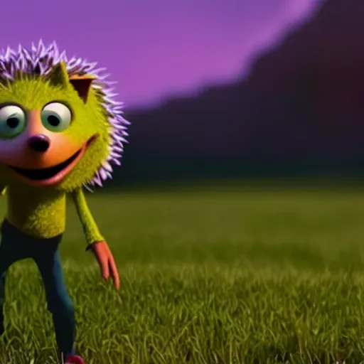 Prompt: !dream green anthropomorphic hedgehog by Pixar wearing a yellow shirt, cinematic shot