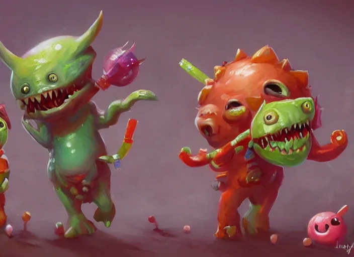 Image similar to concept art of cute candy monsters, oil painting by Jama Jurabaev, extremely detailed, brush hard, artstation, for AAA game, high quality