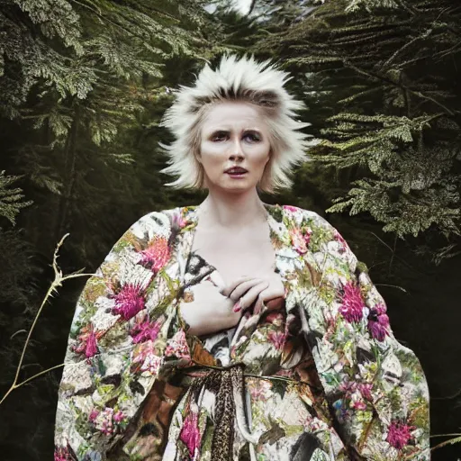 Image similar to a woman with a thistle robe made of thistle in a forest, vogue magazine