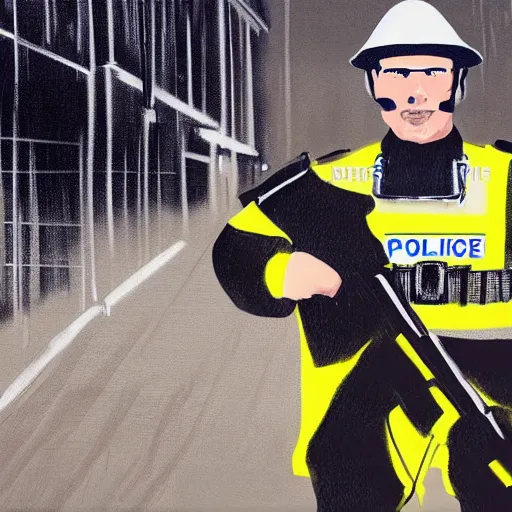 Image similar to A British police officer wearing hivis, highly detailed, ambient lighting, trending on art station