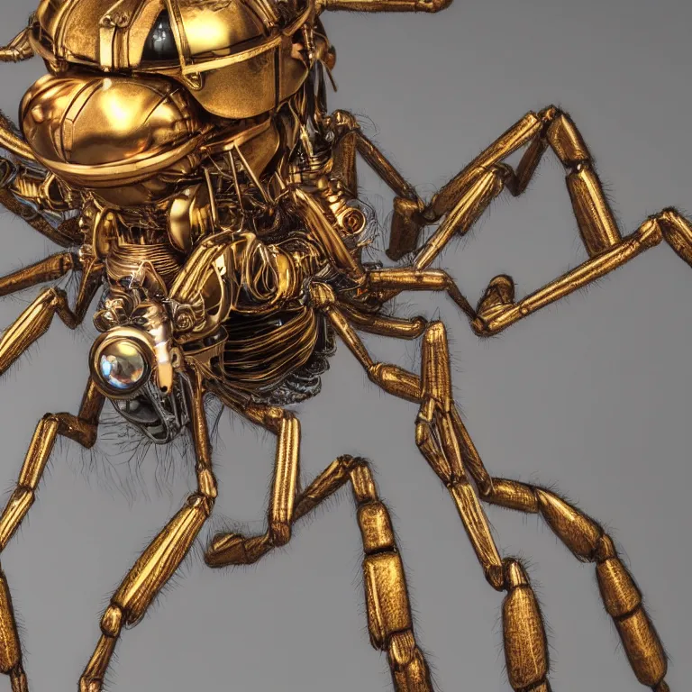 Image similar to a close up of an beautiful steampunk robotic spider inspired, unreal engine realistic render, high detailed face, photorealism, golden ratio, hyper - realistic 3 d, insanely super detailed, realistic octane render, 1 6 k, fashion photography, micro detail, backlit lighting, face in focus, subsurface scattering, thin porcelain
