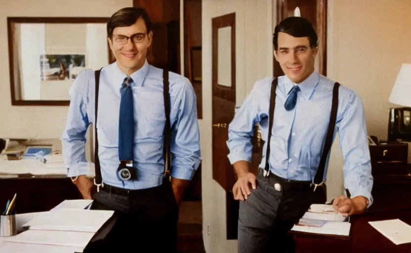 Prompt: color photo of a handsome wall street banker wearing suspenders in his office. 8 0's style