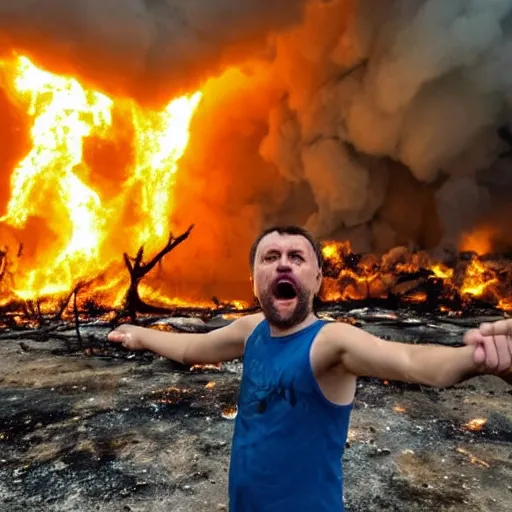 Image similar to , funny and frightened ukrainian burned to bones in dirty yellow and blue rags on the background of a huge nuclear explosion selfie 2 0 2 2, armageddon they will be dead and we go to paradise