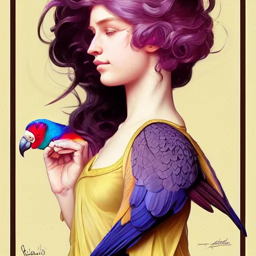 Prompt: portrait of a young blonde girl with a dark purple parrot, upper body, long hair, intricate, elegant, highly detailed, digital painting, artstation, concept art, matte, sharp focus, illustration, art by artgerm and greg rutkowski and alphonse mucha