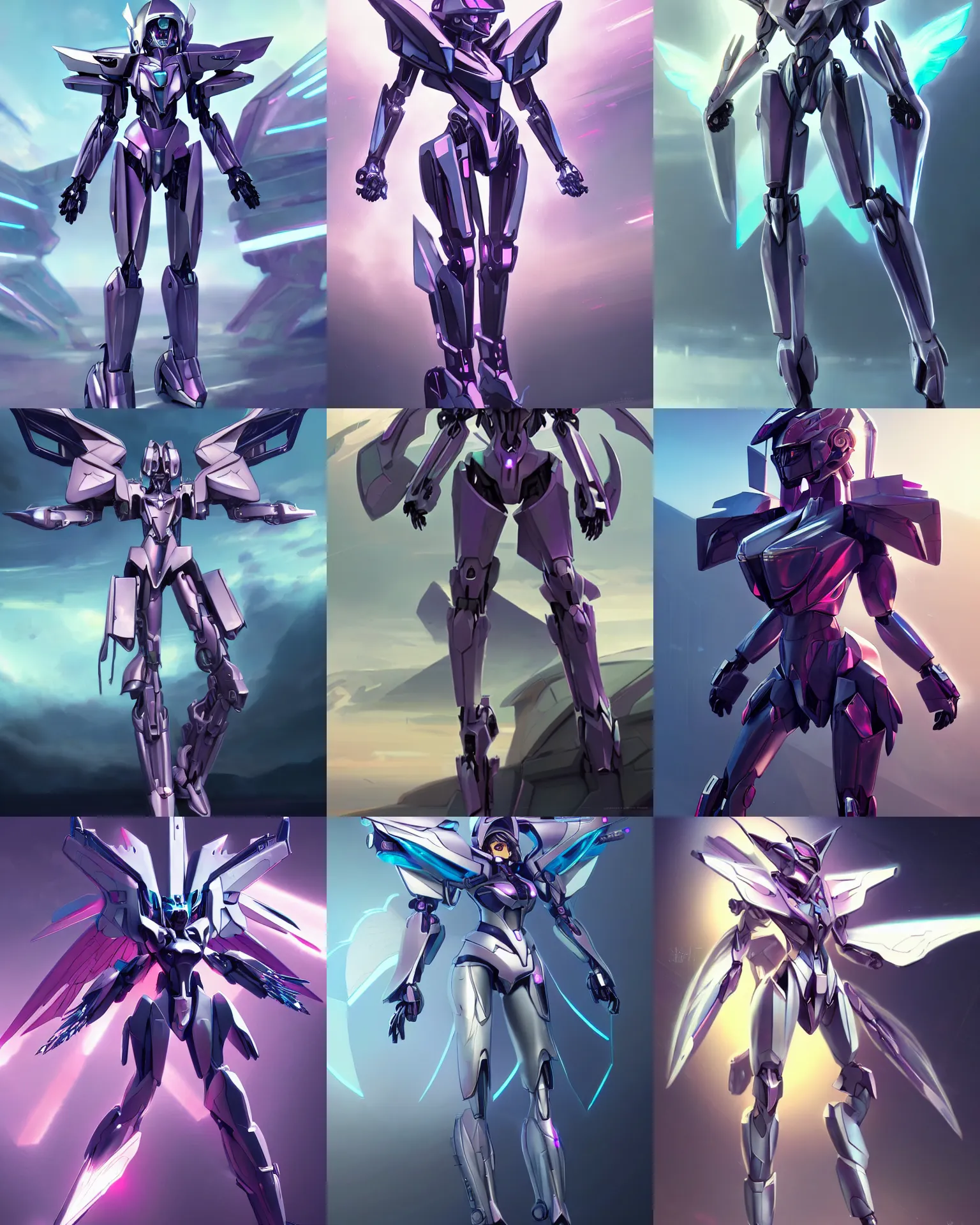 Prompt: uncropped decepticon Feminine mecha (with futuristic jet armor and wings) with a heart visor helmet, symphogear, full body character portrait, holographic armor, hi-tech, trending on Artstation, digital painting, concept art, sharp focus, illustration, art by WLOP and Greg Rutkowski