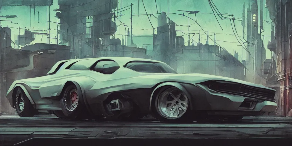 Image similar to vintage muscle car design, futuristic, kyza, ash thorp, simon stalenhag, hard surface, cyberpunk , sci-fi, wide body, sport car, exotic, in watercolor gouache detailed paintings