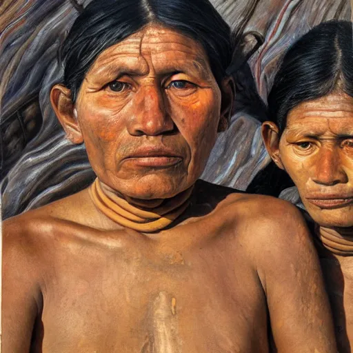 Image similar to high quality high detail painting by lucian freud, hd, portrait of a indigenous tribe couple, photorealistic lighting