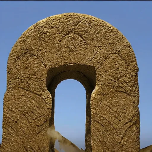 Image similar to stargate made of stone that form a circle, cinematic view, epic sky