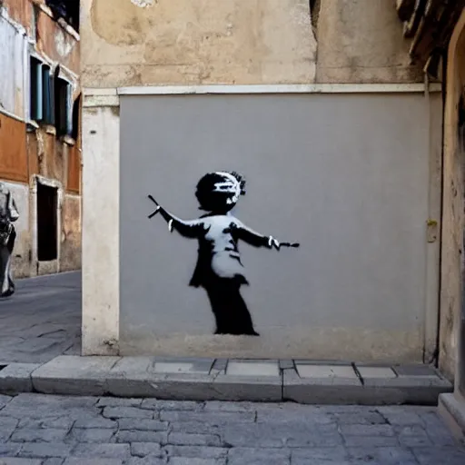 Image similar to A photograph of a Banksy painting in Venice