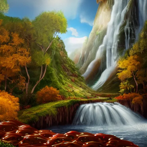 Image similar to highly detailed, high resolution, hyper realistic, 8 k, trending on artstation, landscape nature painting, trees made out of pizza, ground is made of cheese and pepperoni, waterfall made of marinara sauce