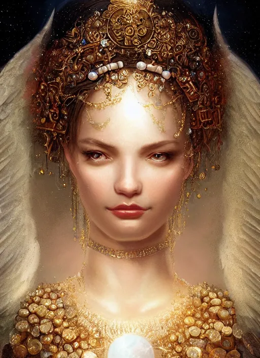 Image similar to A beautiful digital painting of a female angel full of jewels, princess, the moon behind her, intricate, cinematic lighting, highly detailed, digital painting, Artstation, concept art, smooth, sharp focus, illustration, art by Tom Bagshaw, Artgerm and Greg Rutkowski