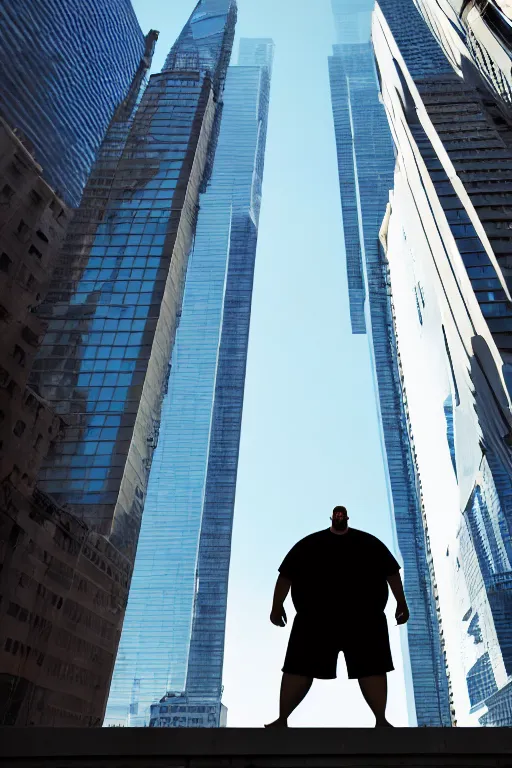 Prompt: fat man larger than skyscrapers wearing shorts walks around the city, color photography, lots of sunlight, low angle shot, photography, highly detailed, award winning photography, 4 k, highly detailed, trending on artstation