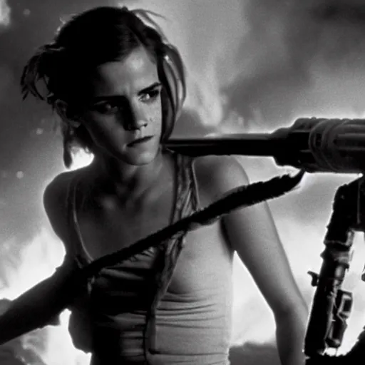 Image similar to film still of Emma Watson holding a flamethrower in Alien 1979, 4k