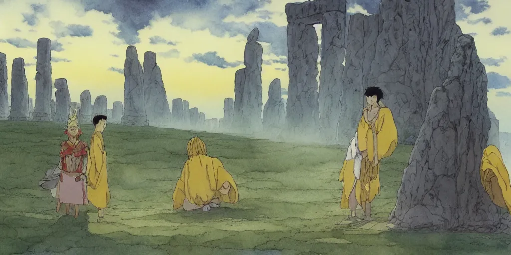 Image similar to a hyperrealist studio ghibli watercolor fantasy concept art of a giant chinese god and a small grey alien with a yellow robe in stonehenge in the early morning. a giant gold ufo is floating in the air. by rebecca guay, michael kaluta, charles vess