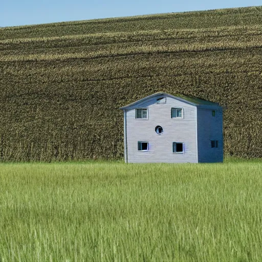 Prompt: unnerving photo of a house in the middle of a field during noon