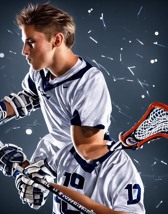 Image similar to closeup portrait of very beautiful cute male lacrosse player in a penn state stadium, glamour pose, particle effects, backlit, highly detailed, soft ambient lighting, sharp focus, rule of thirds, artgerm, wlop, arney freytag, rossdraws, frank frazetta, andrei riabovitchev, hd, octane, 4 k