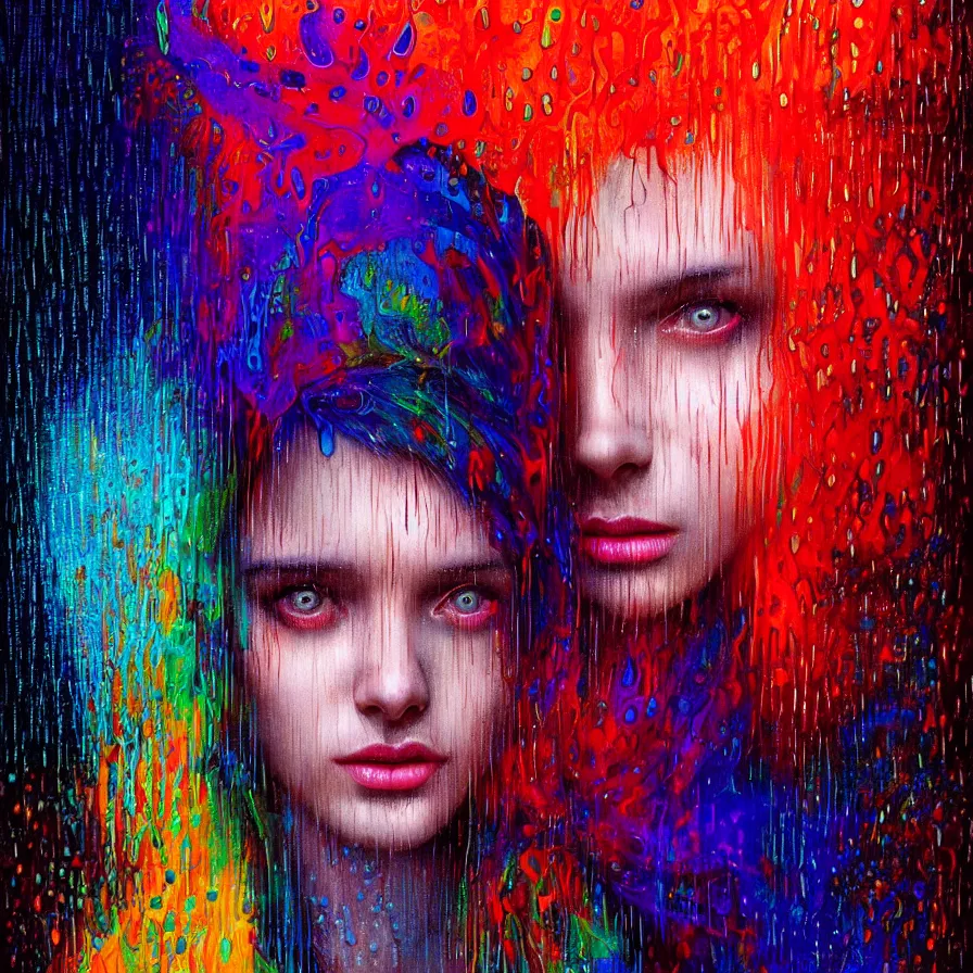 Image similar to bright asthetic portrait of LSD in rain with wet hair and one face, liquid, fantasy, intricate, elegant, dramatic lighting, highly detailed, lifelike, photorealistic, digital painting, artstation, illustration, concept art, smooth, sharp focus, art by John Collier and Albert Aublet and Krenz Cushart and Artem Demura and Alphonse Mucha