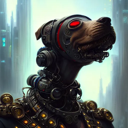 Image similar to low angle portrait shot of a cyberpunk dog robot, intricate, elegant, highly detailed, centered, digital painting, artstation, concept art, smooth, sharp focus, illustration, artgerm, Tomasz Alen Kopera, Peter Mohrbacher, donato giancola, Joseph Christian Leyendecker, WLOP, Boris Vallejo