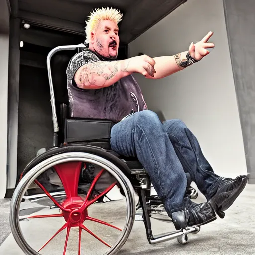 Prompt: guy fieri in a wheel chair, going down stairs, action, hd