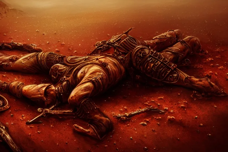 Image similar to the king in the desert dead on the ground, killed, red blood on gold sand, dark tragic scene, detailed scene, killed in war, fallen Crown, highly detailed, blood and dust, cinematic lighting, dramatic lighting, trending on artstation, elegant, intricate, tragedy, fantasy, D&D, highly detailed, digital painting, concept art