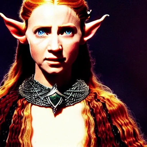 Prompt: a still from “Lord of the Rings” of a head and shoulders action portrait of a bejeweled magical female elf queen wearing a circlet and choker, Vogue magazine photo