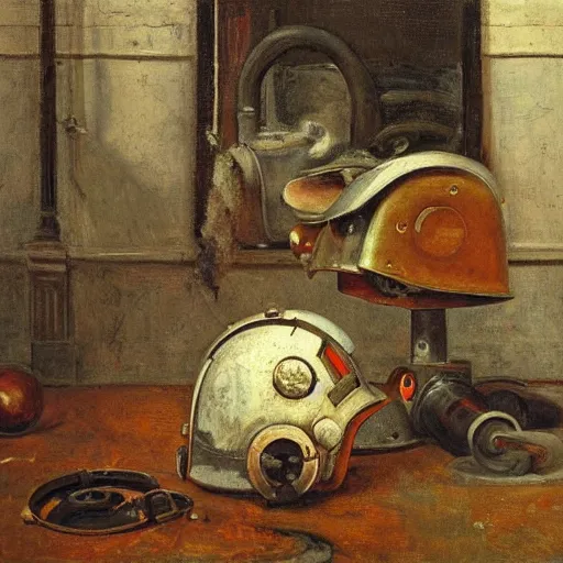 Prompt: A still life of a rusty robot, Pieter Claesz, William James Glackens, (chains), ((gears)), helmet, Iron man