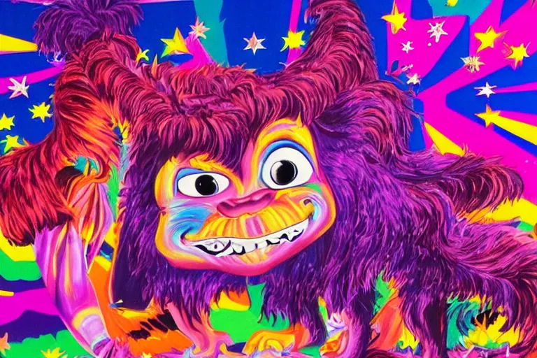 Image similar to lisa frank painting of willem dafoe at showbiz pizza 1 9 8 9