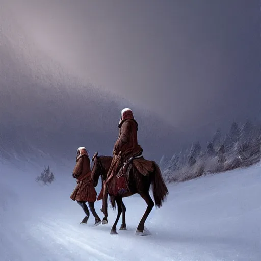 Prompt: “Two medieval men carrying furs on horseback in the snow in the middle of the mountains, snow storm, fantasy, highly detailed, digital painting, artstation, concept art, illustration, art by Greg Rutkowski and Marc Simonetti