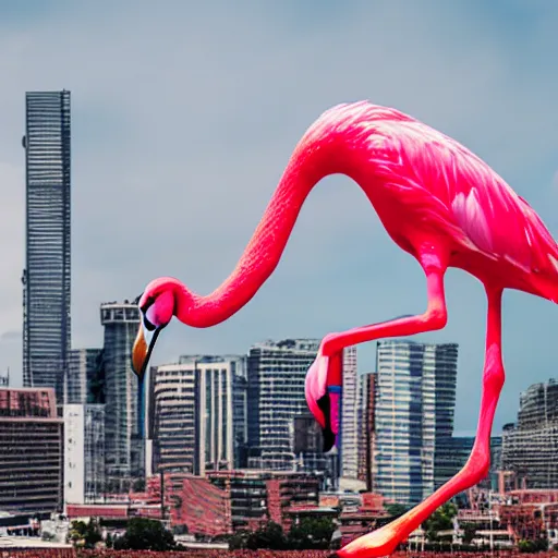 Image similar to photo of giant flamingo attacking a city