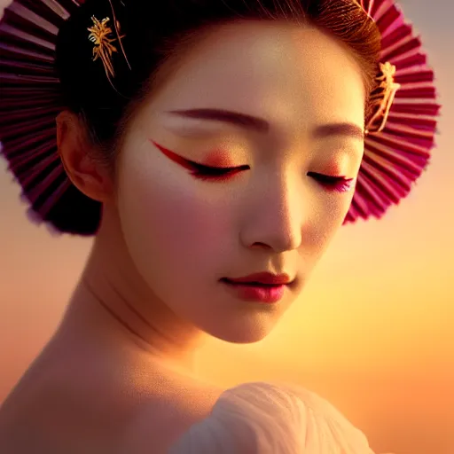 Image similar to photographic portrait of a stunningly beautiful renaissance female with geisha makeup in soft dreamy light at sunset, contemporary fashion shoot, by edward robert hughes, annie leibovitz and steve mccurry, david lazar, jimmy nelsson, breathtaking, 8 k resolution, extremely detailed, beautiful, establishing shot, artistic, hyperrealistic, beautiful face, octane render