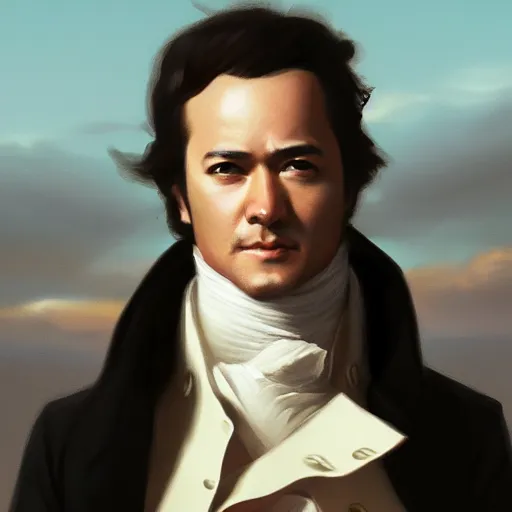 Image similar to modern day alexander hamilton closeup portrait, dramatic light, lake background, 2 0 0 mm focal length, painted by stanley lau, painted by greg rutkowski, painted by stanley artgerm, digital art, trending on artstation