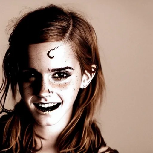 Image similar to epic photoshoot of emma watson as a zombie. super detailed, hyper realistic, detailed eyes, detailed smile, pretty, incredible