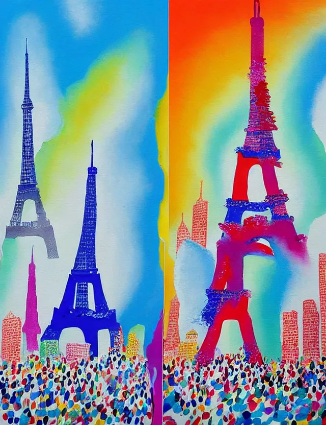 Image similar to a funny painting of ice sculptures made of colorful melting icecream in the shape of the skyline of paris and 1 eiffel tower on a very bright sunny summer day, very hot and the ice is melting fast and people are swimming their way through the icecream in the style of james jean and fernando botero
