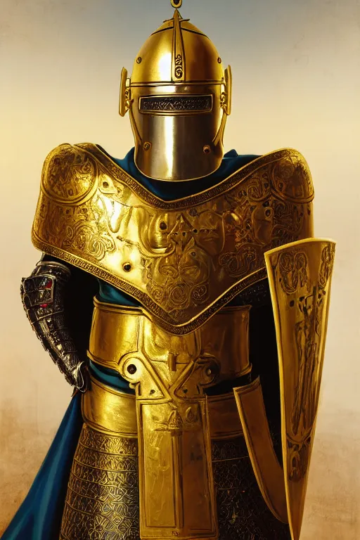 Image similar to man looking forward in iron decorated with gold baroque style christian crusader armor, cylindrical helmet covering all his head decorated with golden cross on front it's front and white cape covering most of his body standing at the gates of jerusalem drawn by greg rutkowski realistic high detail