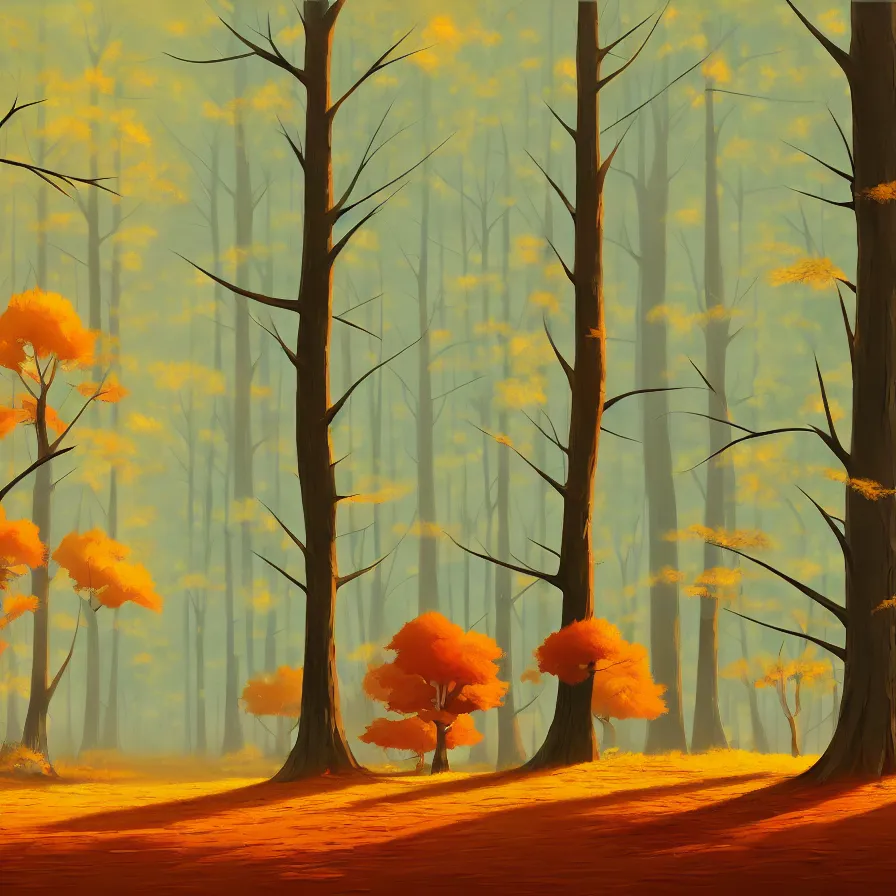 Image similar to Goro Fujita ilustration a forest in autumn perfectly illuminated with near and distant trees, tall and straight trees, separated from each other, painting by Goro Fujita, sharp focus, highly detailed, ArtStation