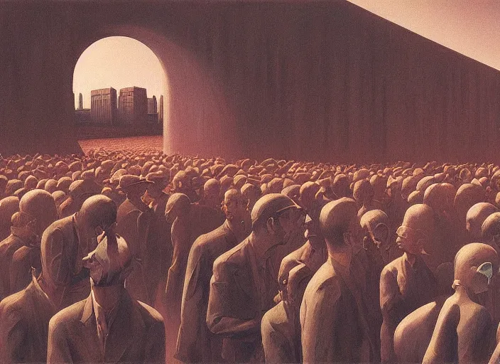 Prompt: crowd waiting in line, science fiction, Edward Hopper and James Gilleard, Zdzislaw Beksinski highly detailed