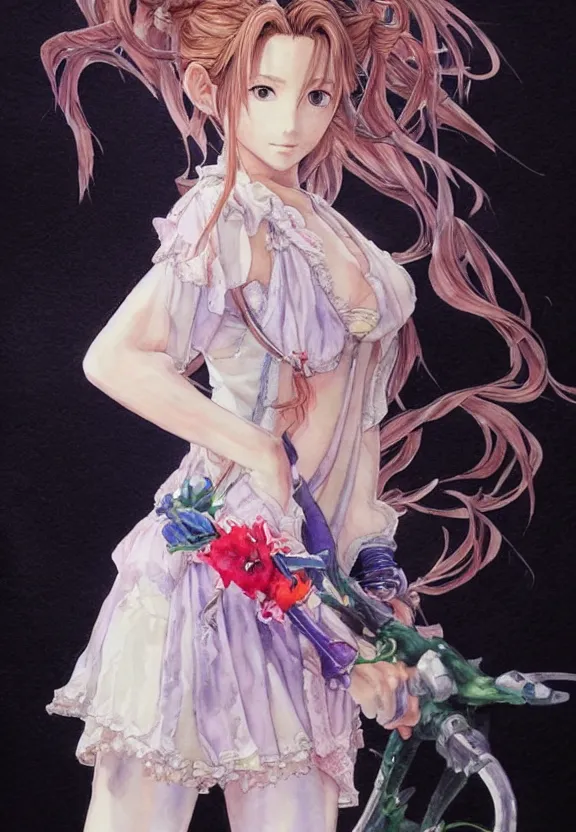 Image similar to a full-body watercolor painting of Aerith Gainsborough by Yoshitaka Amano, highly detailed, intricate, trending on artstation, award-winning