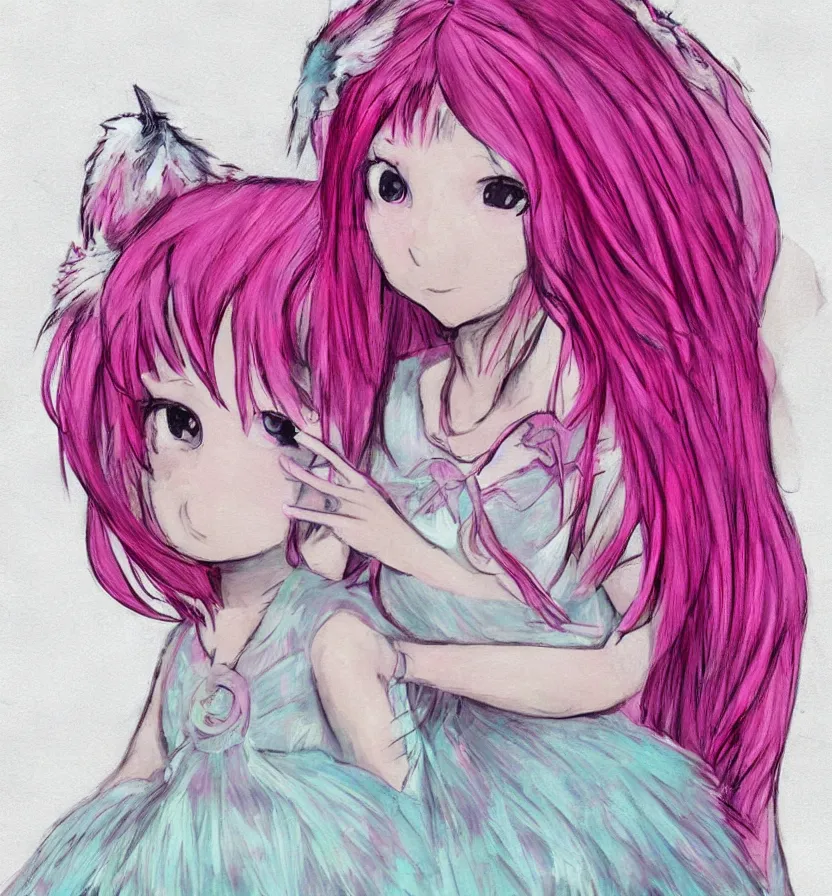 Image similar to little girl with eccentric pink hair wearing a dress made of white feather, art by dcwj