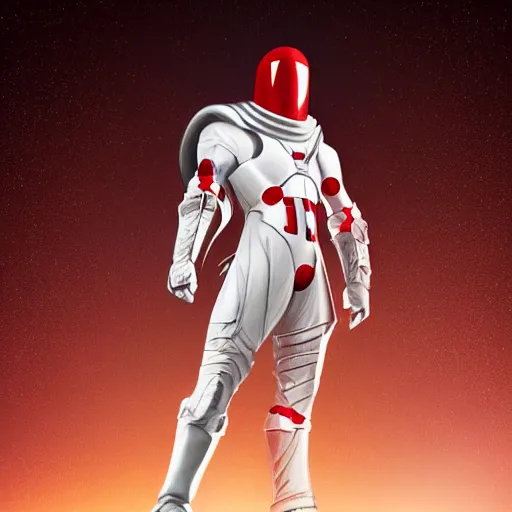 Image similar to portrait of a tall athletic muscular infantry man in glossy sleek white armor with tiny red details and a long red cape, heroic posture, on the surface of mars, night time, dramatic lighting, cinematic, sci-fi, hyperrealistic, movie still