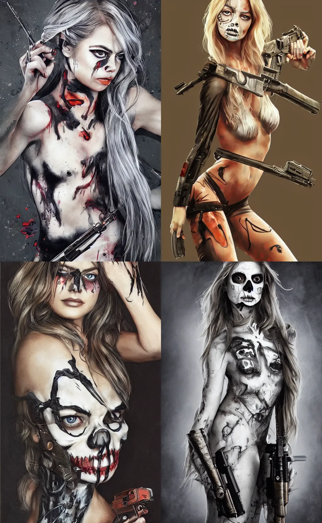 Image similar to in the style of artgerm, Samara Weaving with skull paint on her face, full body, holding a shotgun