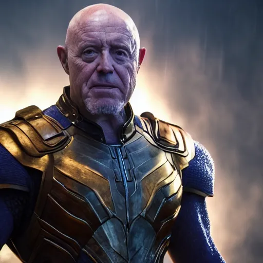 Prompt: jonathan banks wearing thanos armour, cinematic lighting, hd 4 k photo