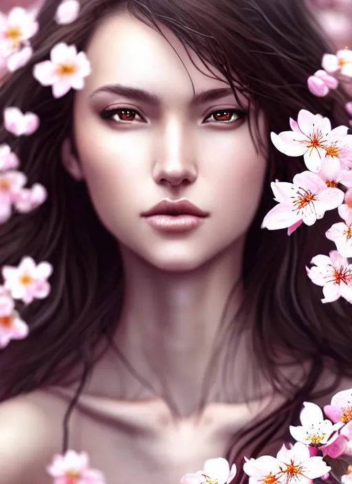 Image similar to photo of a gorgeous female with messy hair in the style of stefan kostic, realistic, body shot, sharp focus, 8 k high definition, insanely detailed, intricate, elegant, art by stanley lau and artgerm, cherry blossoms