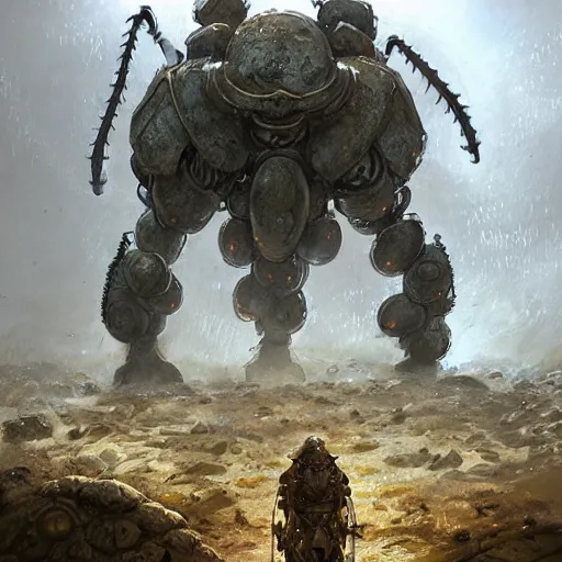 Image similar to giant armored ashigaru beetle war construct golem, glowing gnostic brian froud markings, magic and steam - punk inspired, in an ancient stone circle on a plateau in a blizzard, concept painting by jessica rossier, hr giger, john berkey