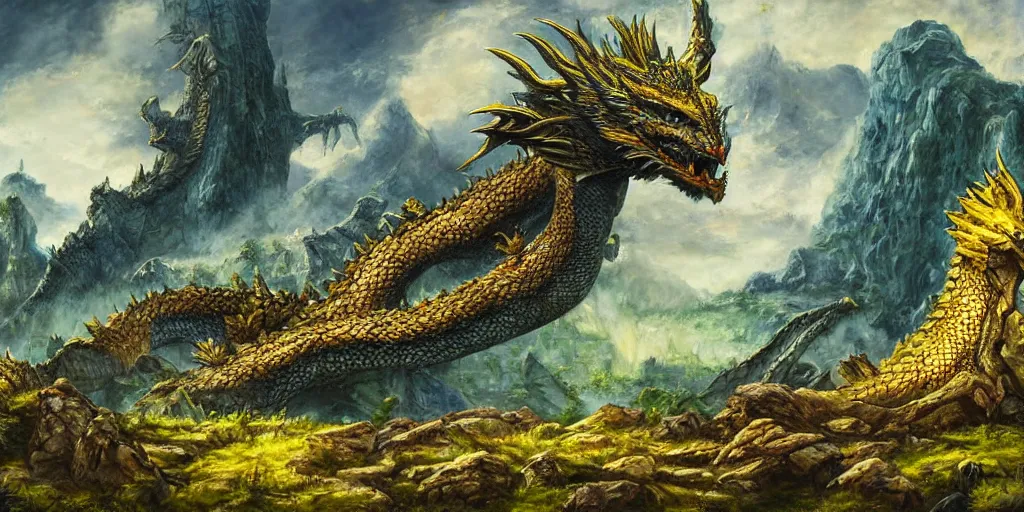 Image similar to Giant dragon rests on top of ancient ruins, realistic dragon scales, full length dragon, columns, distant waterfall, distant mountains, ancient ruin, overgrown, blue green yellow colors, detailed oil painting