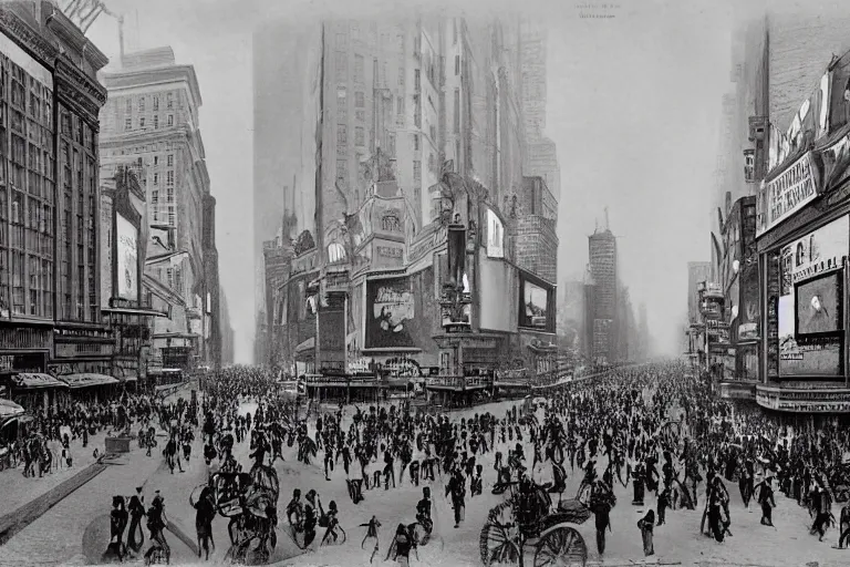 Prompt: 1880s new York city times square, with an open portal to the future new York same street, extremely realistic, 8k, matte painting