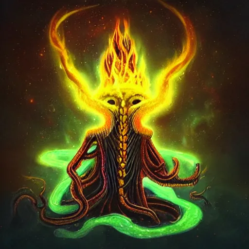 Prompt: “a terrifying lovecraftian cosmic god with dark yellow magic fire”