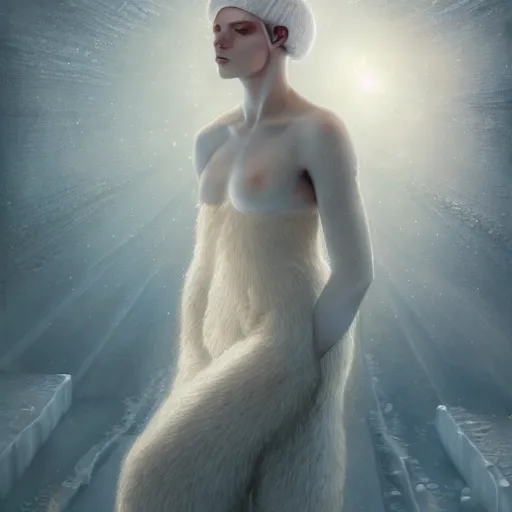 Image similar to a hyperrealistic illustration of a human in the Arctic, white long clothes, snow on the body, blue transparent ice with fractal sunlight, award-winning, masterpiece, in the style of Tom Bagshaw, Cedric Peyravernay, Peter Mohrbacher