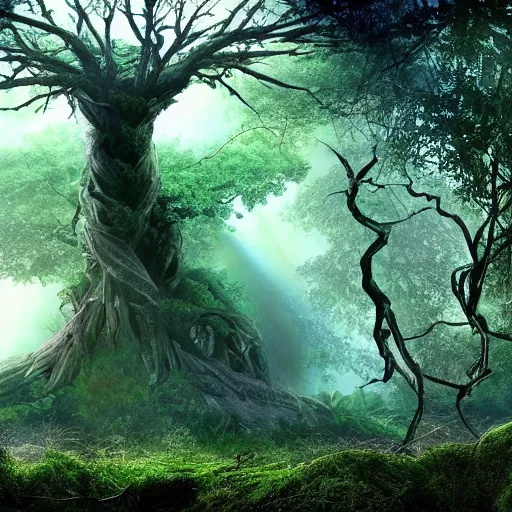 Image similar to horrific, spectacular tree in a densely overgrown jungle, fantasy, dreamlike sunraise, ultra realistic, atmospheric, stopped in time, epic