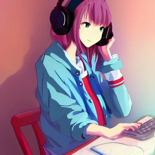 weak-caribou574: a girl [anime-style] using headphones, listenning lo-fi  music, picture for profile.